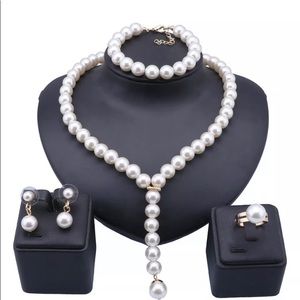 Pearl Crystal Charm Necklace Earring Bracelet Ring Gift Set